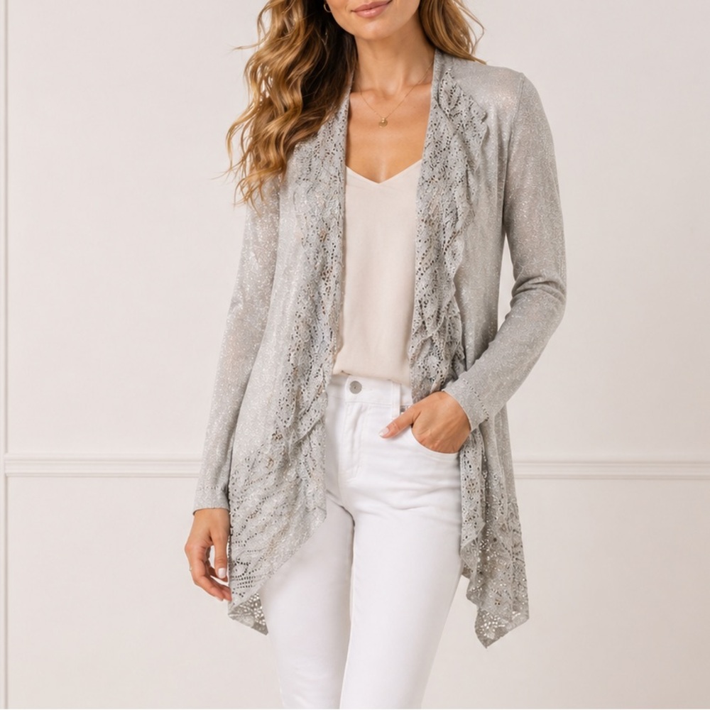 Chico's Silver Lightweight Open-Front Cardigan with Lace Trim